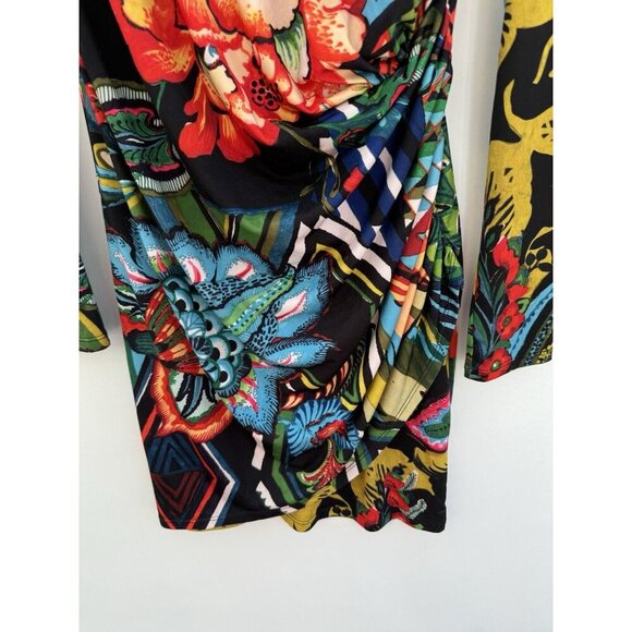 Desigual Rosita Dress M (14) Colorful Floral Stretch Faux Wrap Bodycon Mini - Picture 9 of 16